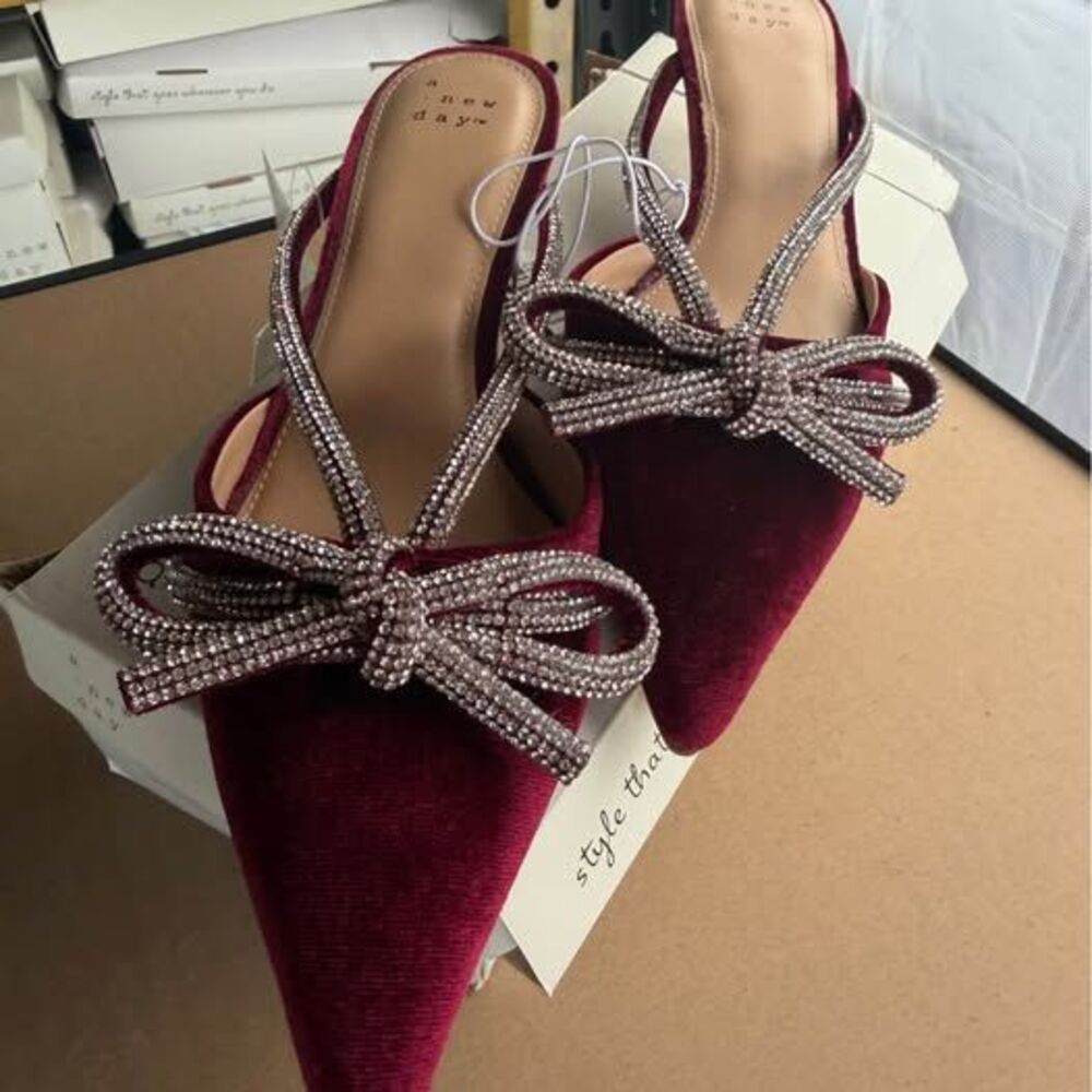 A New Day Gwen Burgundy Velvet Rhinestone Bow Heels